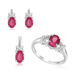 Conjunto Par de Brincos, Pingente e Anel de Prata com Cristais e Rubis