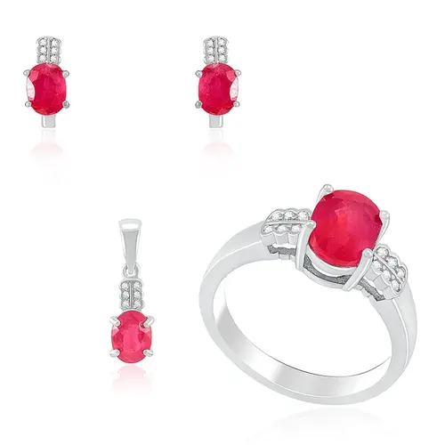 Conjunto Par de Brincos, Pingente e Anel de Prata com Cristais e Rubis
