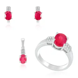 Conjunto Par de Brincos, Pingente e Anel de Prata com Cristais e Rubis