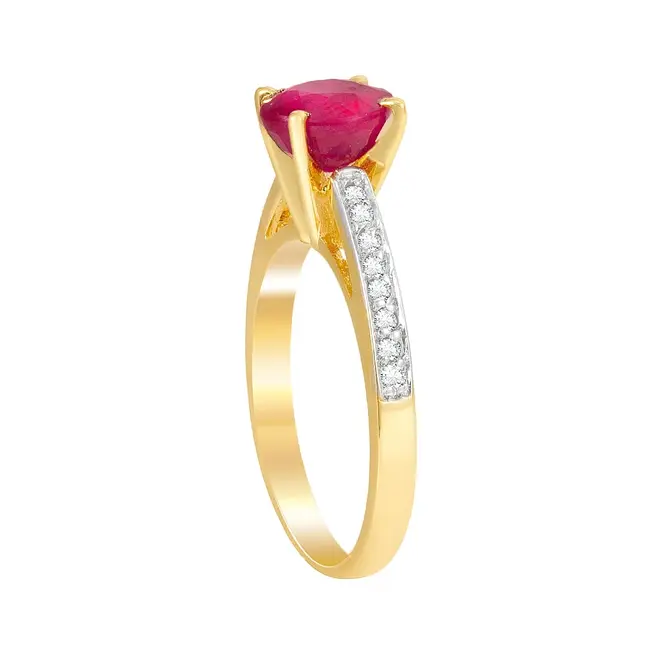 Anel de Ouro Amarelo com Diamantes e Rubi redondo de 1,90 Cts.