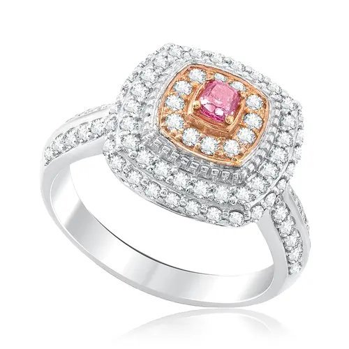 Anel de Ouro Branco com Diamantes Brancos e Rosa - Com certificado AGL - A024