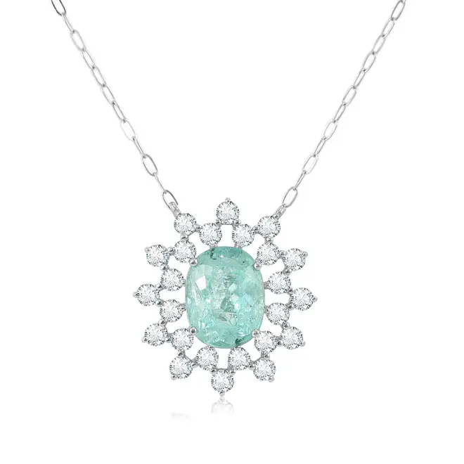 Pingente de Ouro Branco com Corrente Elos Ovais, Diamantes e Turmalina Paraíba de 1,29 Cts.