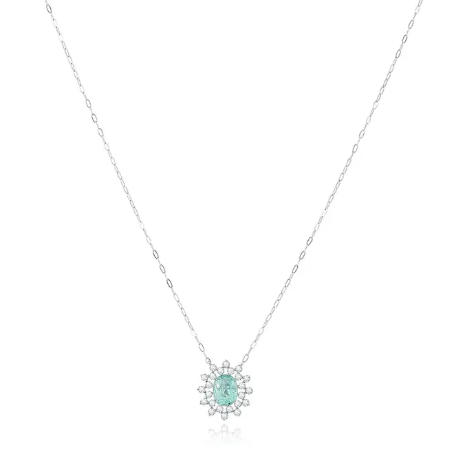 Pingente de Ouro Branco com Corrente Elos Ovais, Diamantes e Turmalina Paraíba de 1,29 Cts.