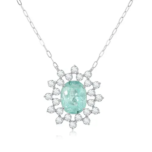 Pingente de Ouro Branco com Corrente Elos Ovais, Diamantes e Turmalina Paraíba de 1,29 Cts.