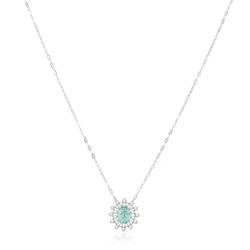 Pingente de Ouro Branco com Corrente Elos Ovais, Diamantes e Turmalina Paraíba de 1,29 Cts.