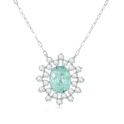 Pingente de Ouro Branco com Corrente Elos Ovais, Diamantes e Turmalina Paraíba de 1,29 Cts.