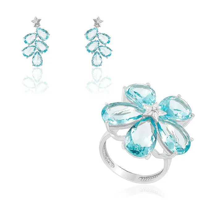 Conjunto Par de Brincos e Anel de Prata, com Diamantes e Cristais Sky Blue