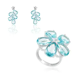 Conjunto Par de Brincos e Anel de Prata, com Diamantes e Cristais Sky Blue