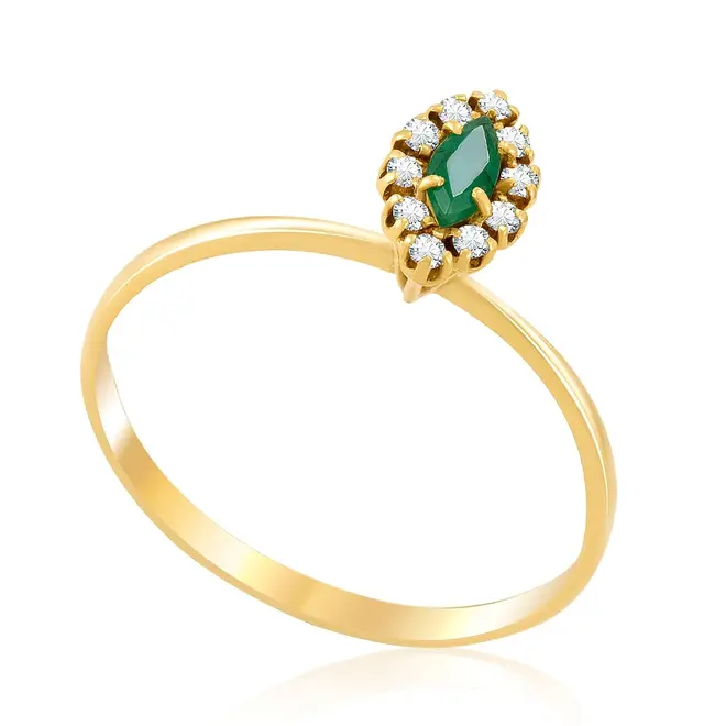 Anel de Ouro Amarelo com 10 Diamantes e Esmeralda Navete