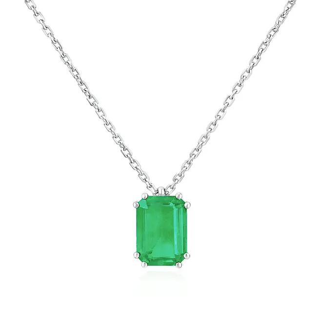 Pingente de Ouro Branco com Corrente Elos Cartier e Esmeralda Colombiana de 3,0 Cts.