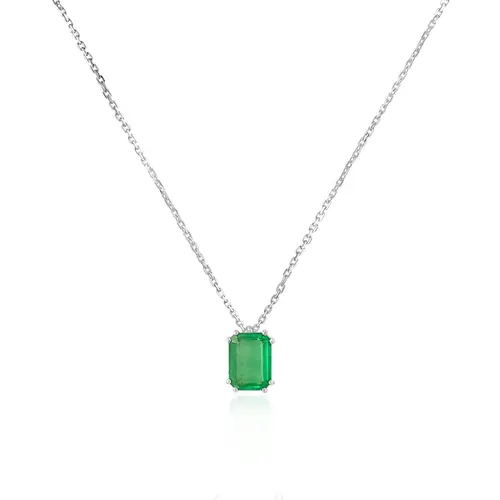 Pingente de Ouro Branco com Corrente Elos Cartier e Esmeralda Colombiana de 3,0 Cts.