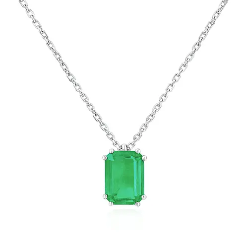 Pingente de Ouro Branco com Corrente Elos Cartier e Esmeralda Colombiana de 3,0 Cts.