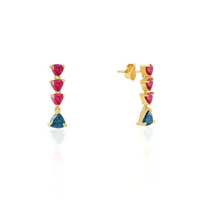 Par de Brincos Triangulos de Ouro Amarelo com Cristais Turmalinas Rosas e Topázios Azuis