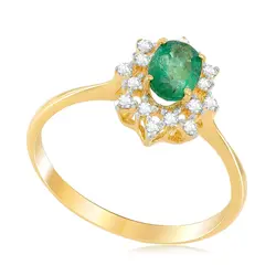 Anel de Ouro Amarelo com 16 Diamantes e Esmeralda de 50 pts