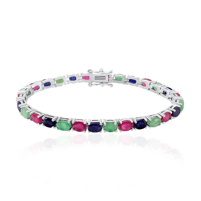 Pulseira Riviera de Prata com Safiras, Rubis e Esmeraldas totalizando 34,80 ct, com Acabamento em Ródio