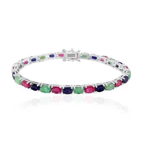 Pulseira Riviera de Prata com Safiras, Rubis e Esmeraldas totalizando 34,80 ct, com Acabamento em Ródio