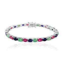 Pulseira Riviera de Prata com Safiras, Rubis e Esmeraldas totalizando 34,80 ct, com Acabamento em Ródio