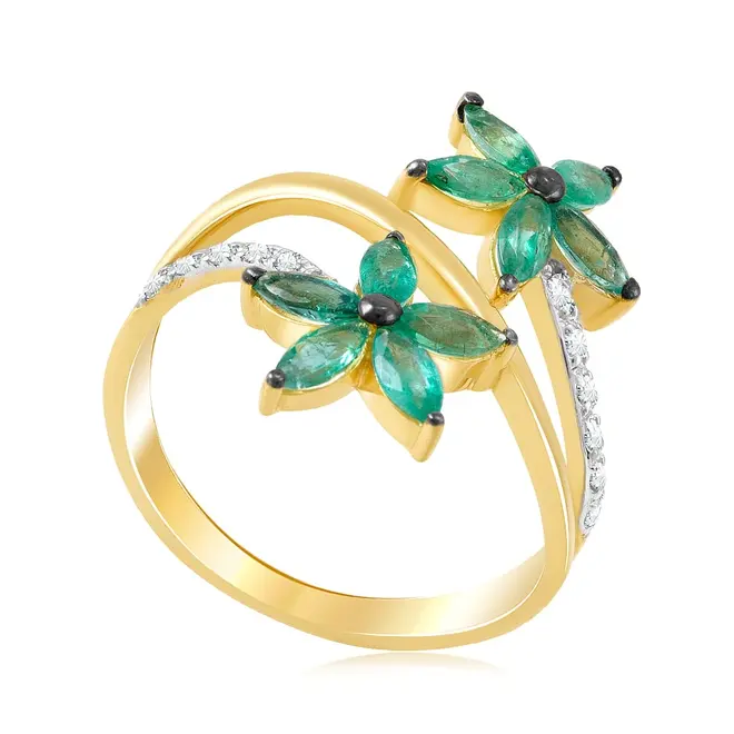 Anel Flor de Ouro Amarelo com Diamantes e Esmeraldas