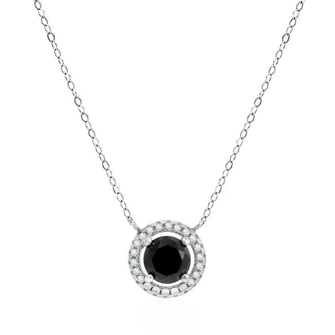 Colar Elos Ovais de Prata com Cristais e Diamante Negro de 1,5 Cts.