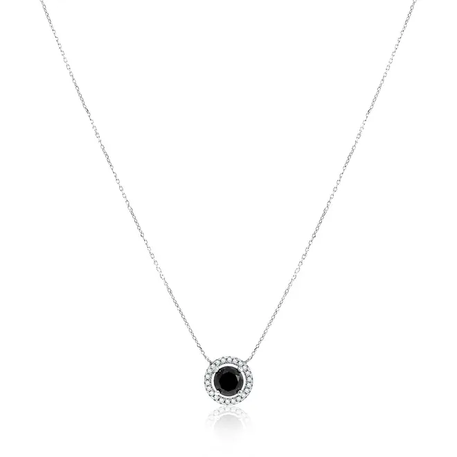 Colar Elos Ovais de Prata com Cristais e Diamante Negro de 1,5 Cts.