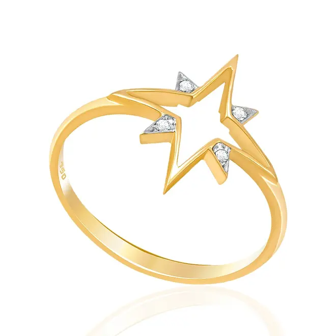 Anel Estrela de Ouro Amarelo com 4 Diamantes