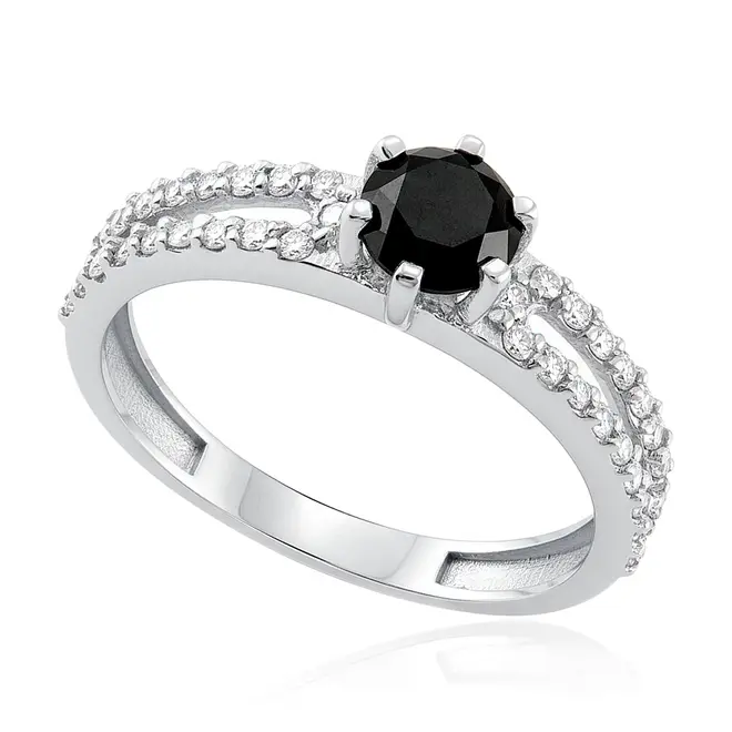 Anel Ouro Branco com Diamantes e Diamante Negro de 80 pts. Aro duplo