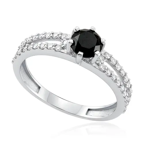Anel Ouro Branco com Diamantes e Diamante Negro de 80 pts. Aro duplo