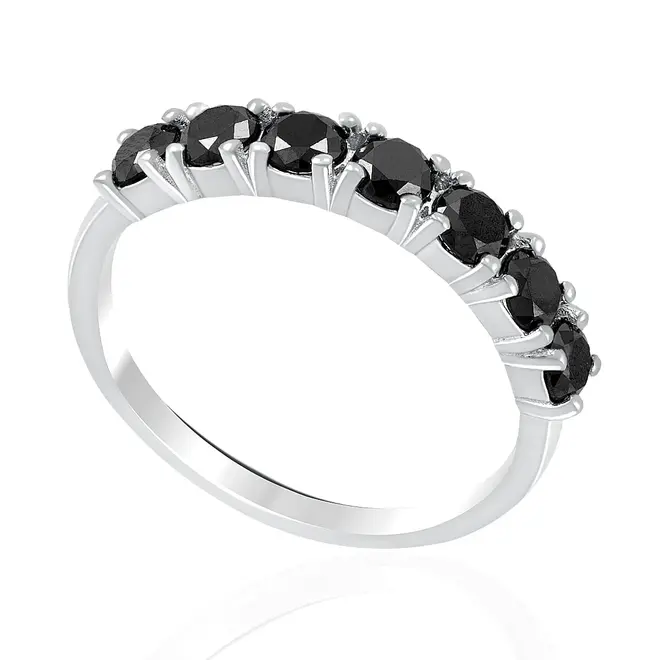 Anel Meia Aliança de Prata com 7 Diamantes Negros