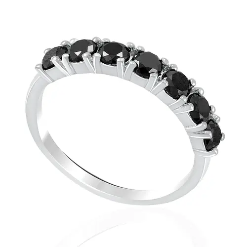 Anel Meia Aliança de Prata com 7 Diamantes Negros
