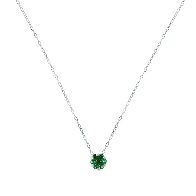Pingente Flor de Ouro Branco com Corrente e Esmeraldas