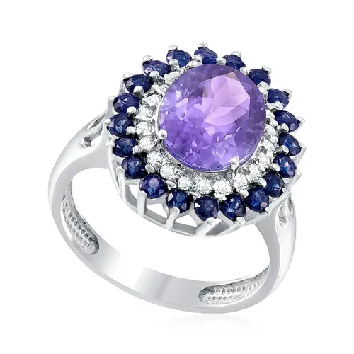 Anel de Ouro Branco com Diamantes, Safiras e Tanzanita de 2,81 Cts.