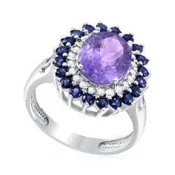 Anel de Ouro Branco com Diamantes, Safiras e Tanzanita de 2,81 Cts.