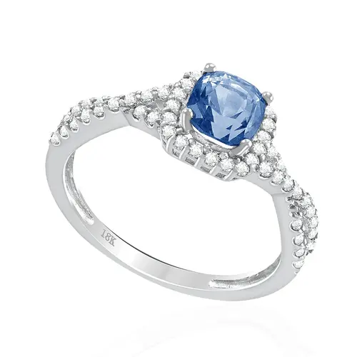 Anel de Ouro Branco com Diamantes totalizando 32 pts. e Safira de 1,16 cts.