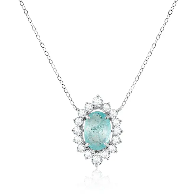 Colar de Ouro Branco com e Diamantes e Turmalina Paraíba de 60 pts.