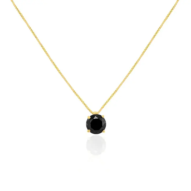 Pingente Ponto de Luz de Ouro Amrelo com Corrente e Diamante Negro de 90 pts.