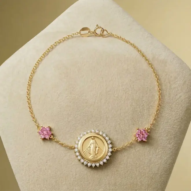 Pulseira Maria Imaculada de Ouro Amarelo com Diamantes e Safiras Rosas
