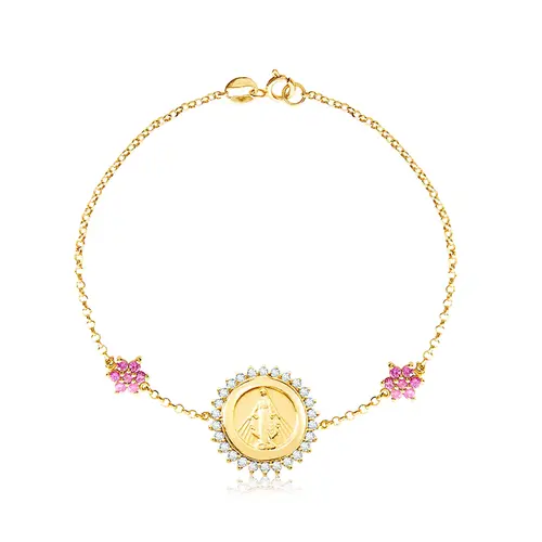 Pulseira Maria Imaculada de Ouro Amarelo com Diamantes e Safiras Rosas