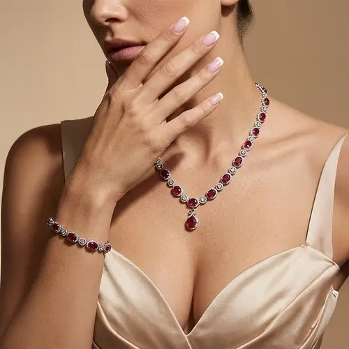Conjunto Gargantilha e Pulseira com Cristais e Rubis