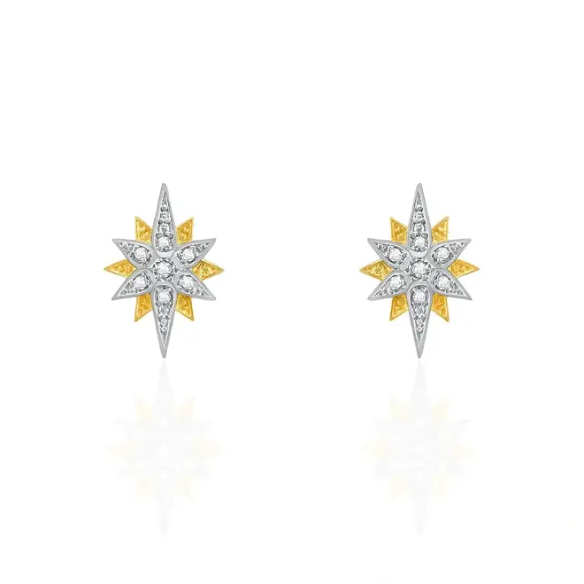 PAR DE BRINCOS ESTRELA DE OURO AMARELO COM 14 DIAMANTES