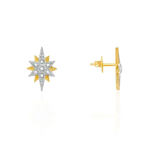 PAR DE BRINCOS ESTRELA DE OURO AMARELO COM 14 DIAMANTES