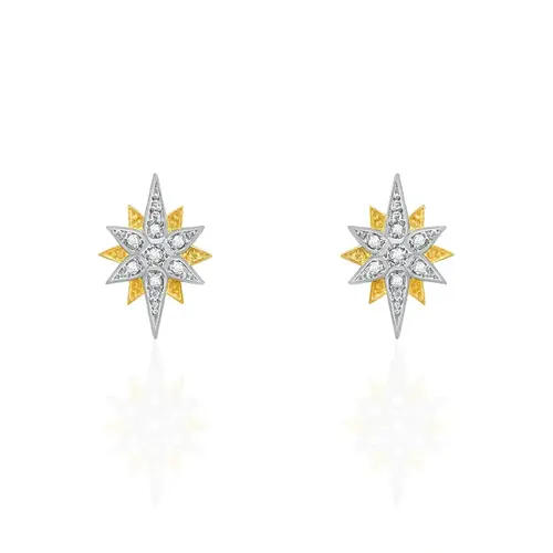 PAR DE BRINCOS ESTRELA DE OURO AMARELO COM 14 DIAMANTES