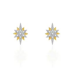 PAR DE BRINCOS ESTRELA DE OURO AMARELO COM 14 DIAMANTES