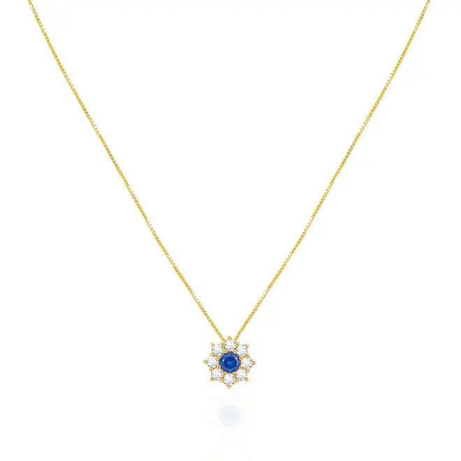 Pingente Flor com Corrente de Ouro Amarelo, com Cristais Brancos e Azul