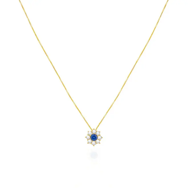 Pingente Flor com Corrente de Ouro Amarelo, com Cristais Brancos e Azul