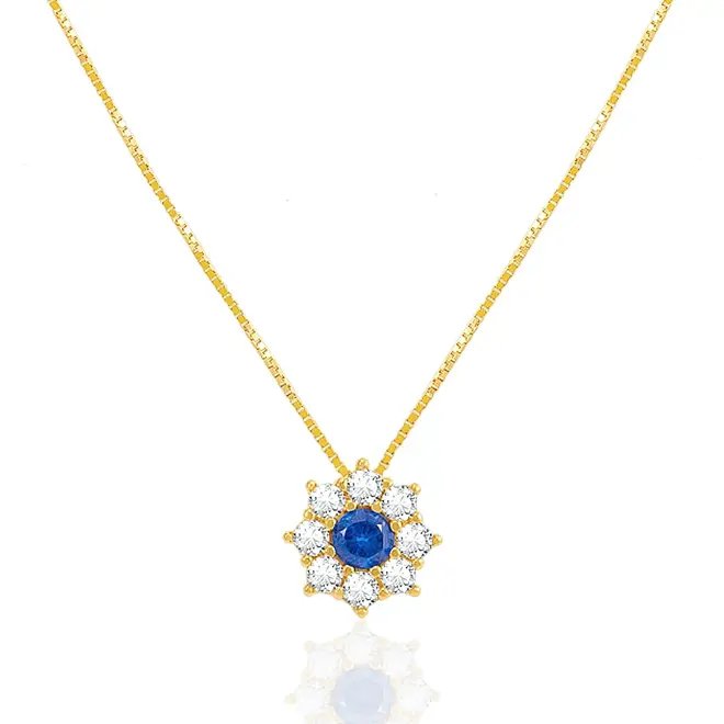 Pingente Flor com Corrente de Ouro Amarelo, com Cristais Brancos e Azul