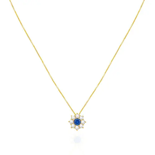 Pingente Flor com Corrente de Ouro Amarelo, com Cristais Brancos e Azul