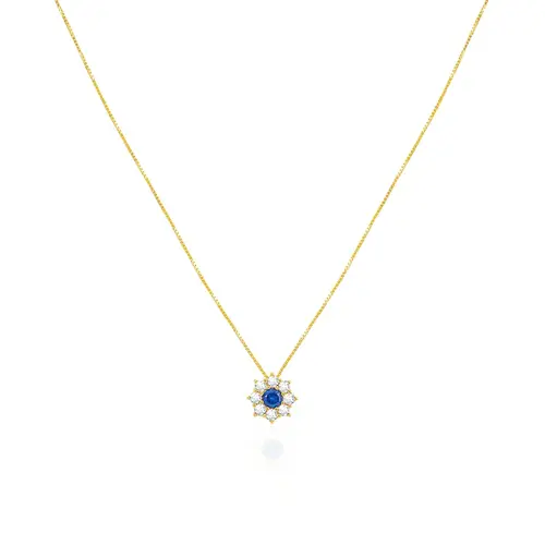 Pingente Flor com Corrente de Ouro Amarelo, com Cristais Brancos e Azul
