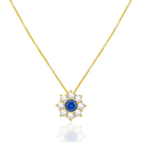 Pingente Flor com Corrente de Ouro Amarelo, com Cristais Brancos e Azul