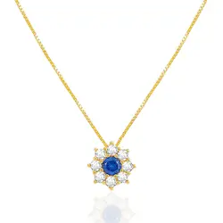 Pingente Flor com Corrente de Ouro Amarelo, com Cristais Brancos e Azul