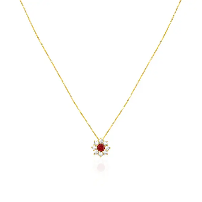 Pingente Flor com Corrente de Ouro Amarelo, com Cristais Brancos e Vermelho